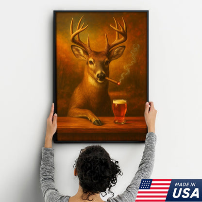 Funny White-Tailed Deer Smoking and Drinking Cocktail Glasses Canvas - Humorous Man Cave Wall Art For Hunters