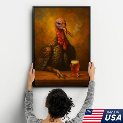 Funny Turkey Drinking Cocktail Glasses and Smoking Canvas – Rustic Farmhouse Wall Art