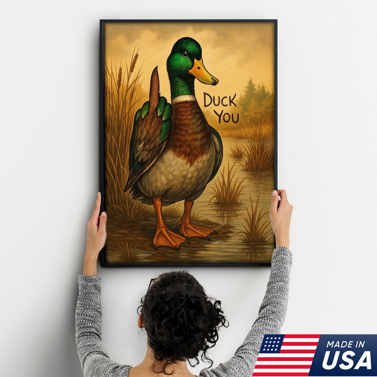 Funny Mallard Duck Canvas Wall Art – Cheeky Bathroom Decor, Rustic Lake House