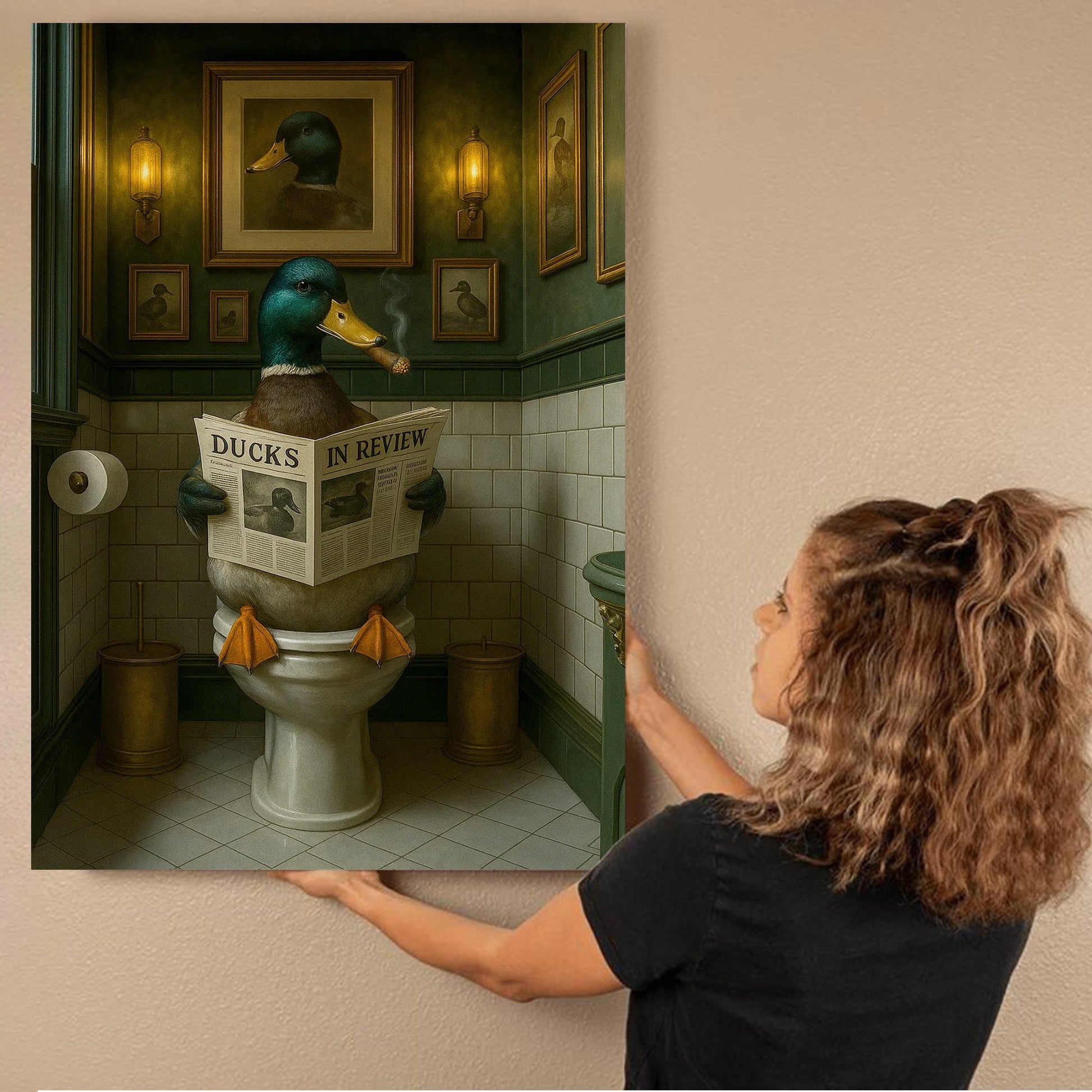 Mallard Duck Toilet Scene Poster Canvas – Smoking-Smoking Duck Reading ‘Ducks in Review’