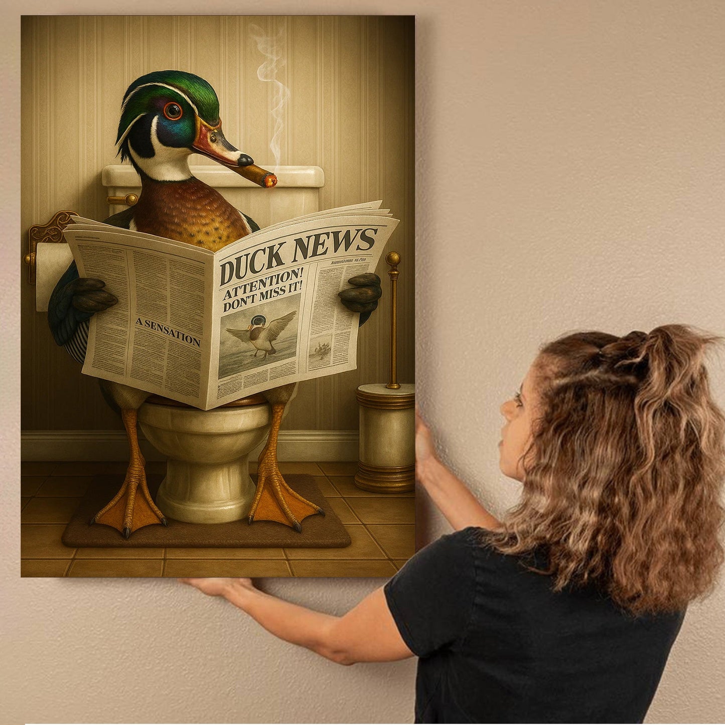 Funny Wood Duck Read Newspaper Bathroom Canvas – Hunting Wildlife Animal Canvas