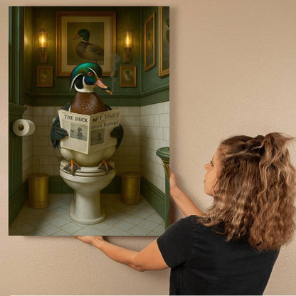 Rustic Duck Bathroom Wall Art Canvas – Wood Duck Reading Newspaper - Lodge Humor Print