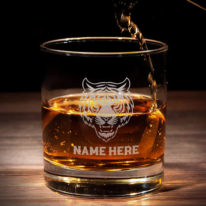 Personalized Tiger Engraved Whiskey Glass – Custom Name Rocks Glass Gift for Bold Drinking Lovers & Hunters