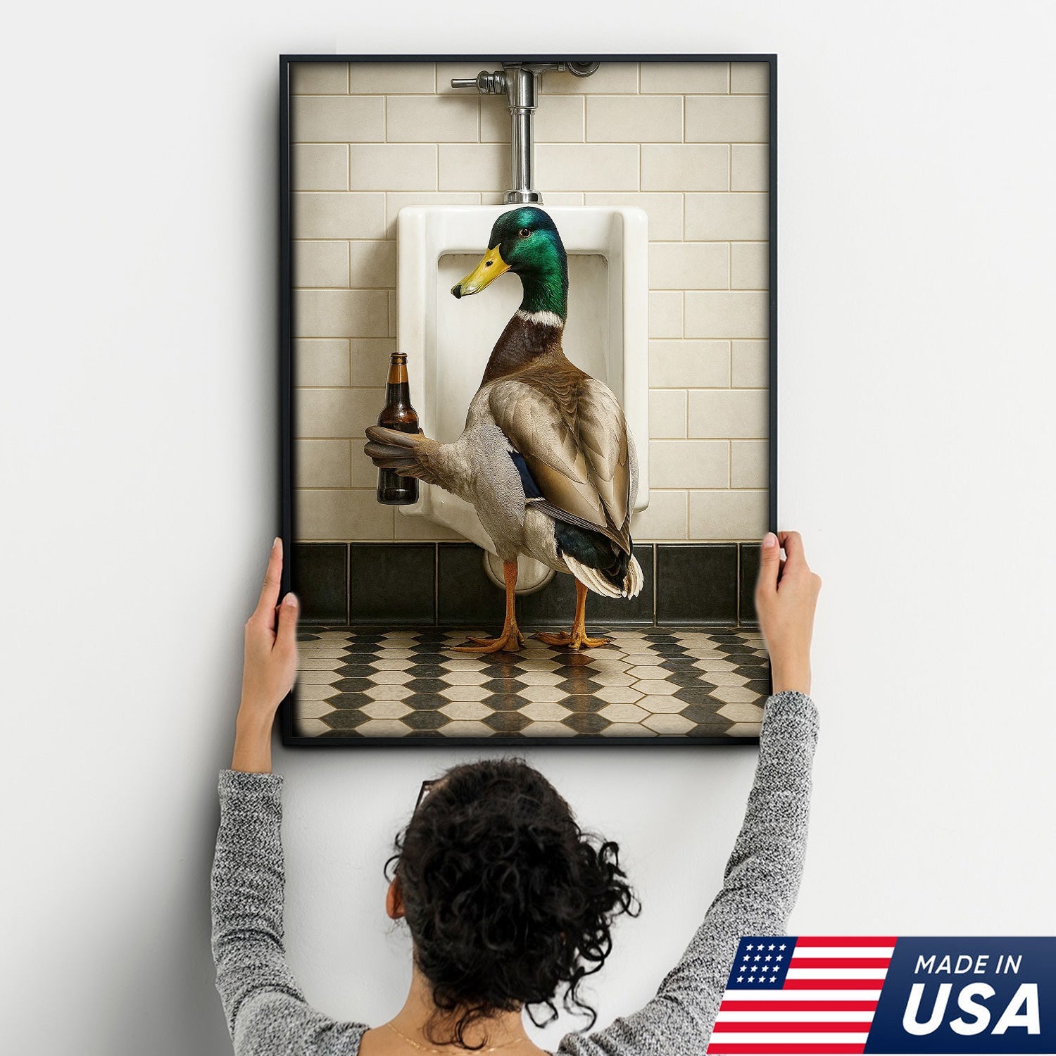 Funny Mallard Duck Holding Beer Bathroom Canvas – Duck at Urinal Wall Art, Rustic Cabin