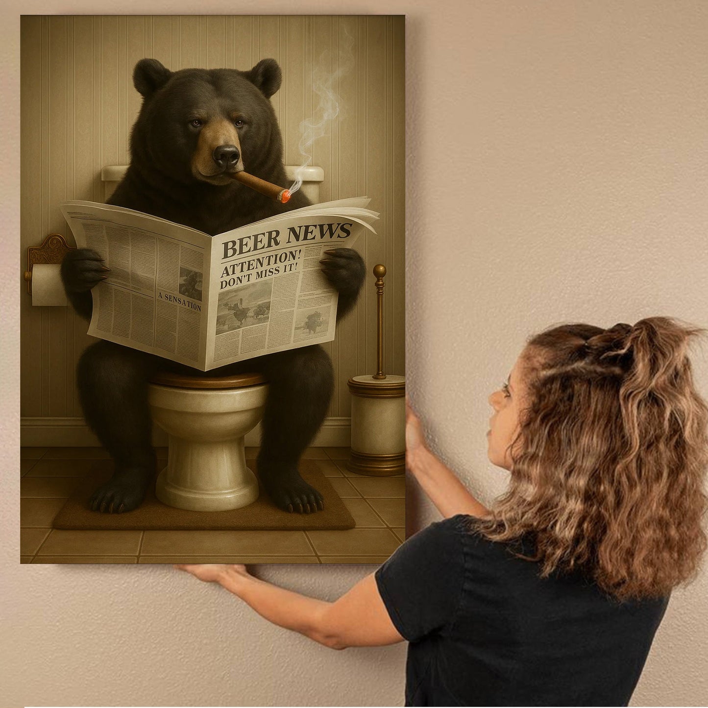 Funny Bear Newspaper Bathroom Canvas Wall Art – Wildlife Animal Poster - Unique Gift for Hunters