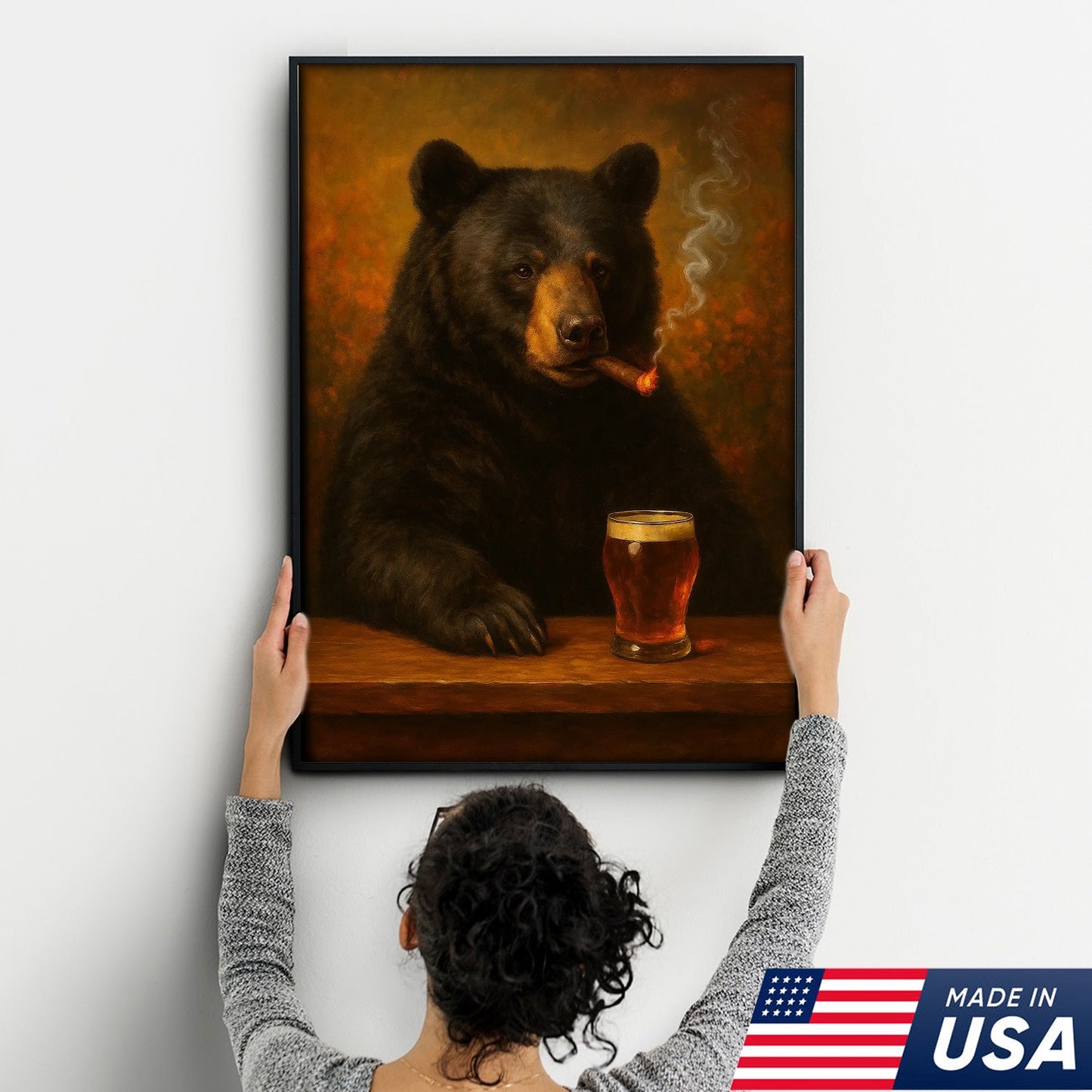 Funny Bear Drinking Cocktail Glasses & Smoking Canvas Wall Art - Rustic Bar