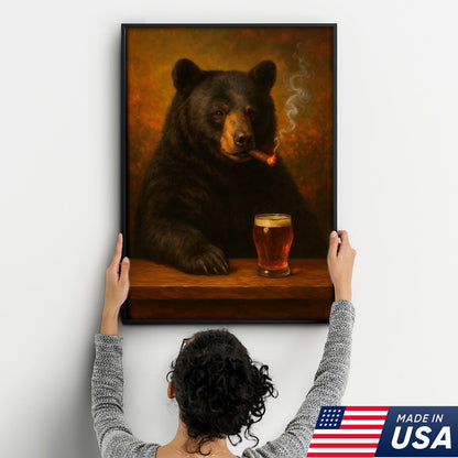 Funny Bear Drinking Cocktail Glasses & Smoking Canvas Wall Art - Rustic Bar