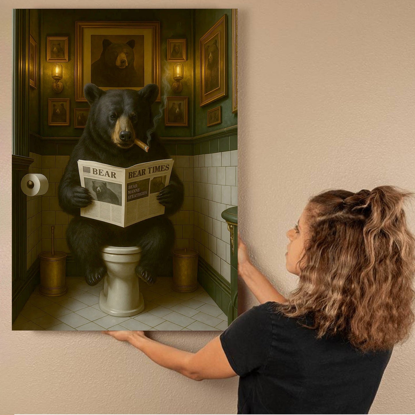 Funny Bear Hunting Bathroom Canvas – Black Bear On Toilet Reading Newspaper
