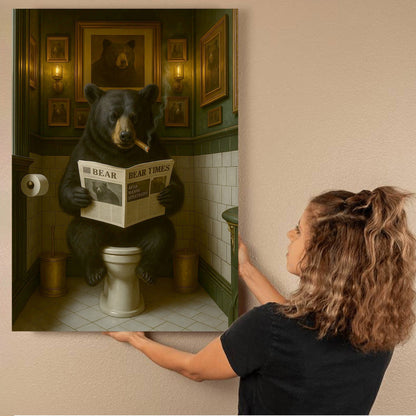 Funny Bear Hunting Bathroom Canvas – Black Bear On Toilet Reading Newspaper