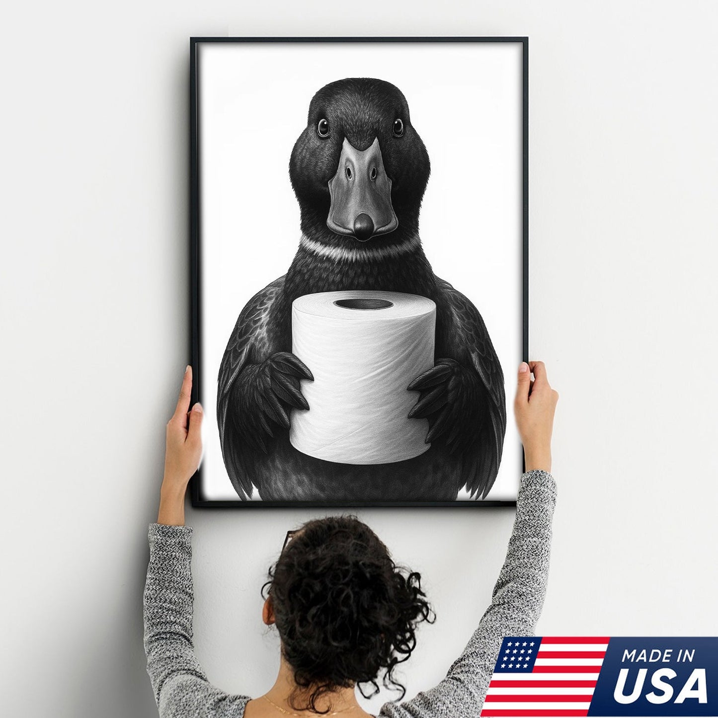 Mallard Duck Canvas Wall Art, Funny Animal Portrait Holding Toilet Paper, Bathroom Decor Print