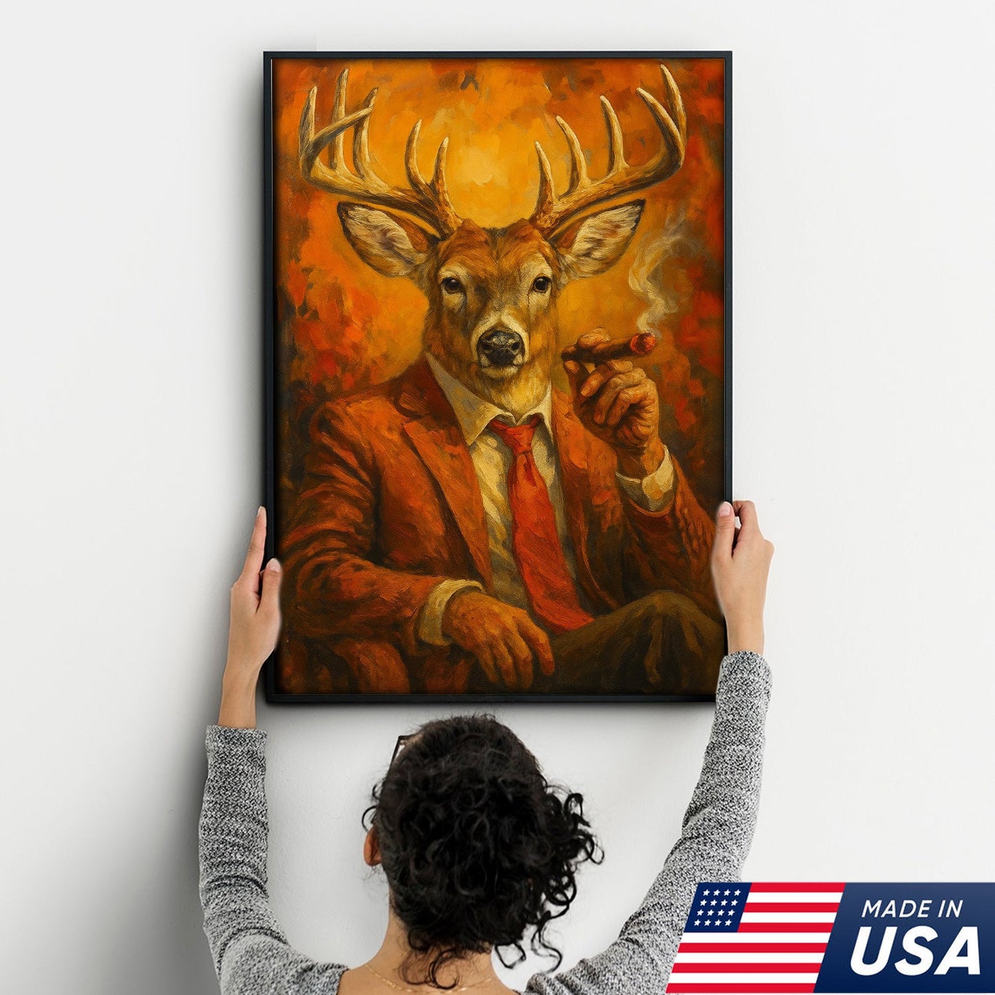 Deer Smoking Canvas, Buck Wall Art Print in Suit for Man Cave, Rustic Hunting Cabin