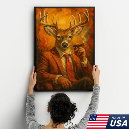 Deer Smoking Canvas, Buck Wall Art Print in Suit for Man Cave, Rustic Hunting Cabin