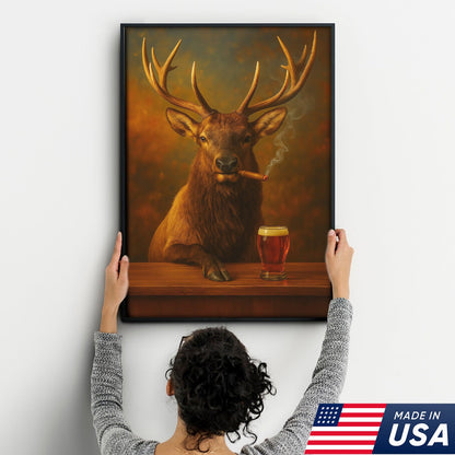 Funny Elk Drinking Cocktail Glasses & Smoking Canvas Wall Art - Rustic Hunting Perfect Gift for Hunters