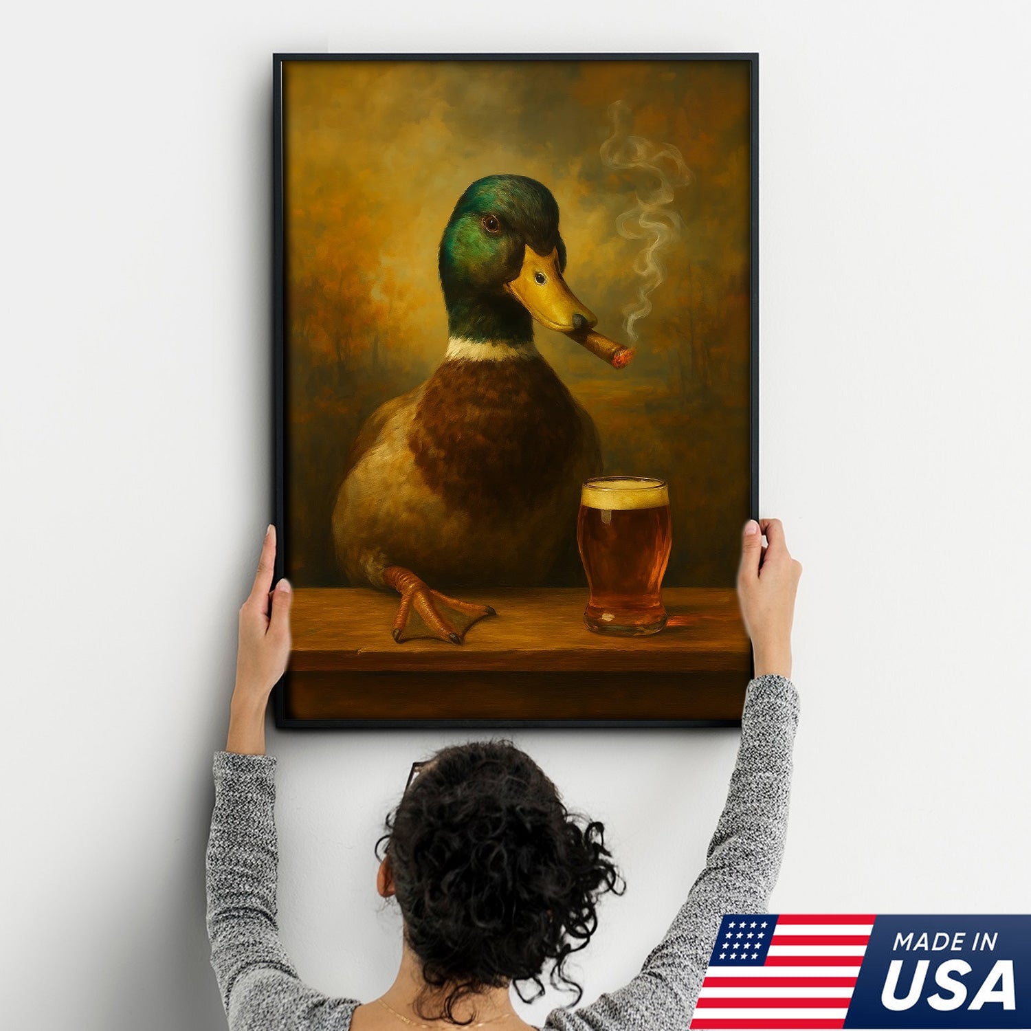 Funny Mallard Duck Smoking & Drinking Cocktail Glasses Canvas Wall Art - Rustic Hunting Perfect Gift for Hunters