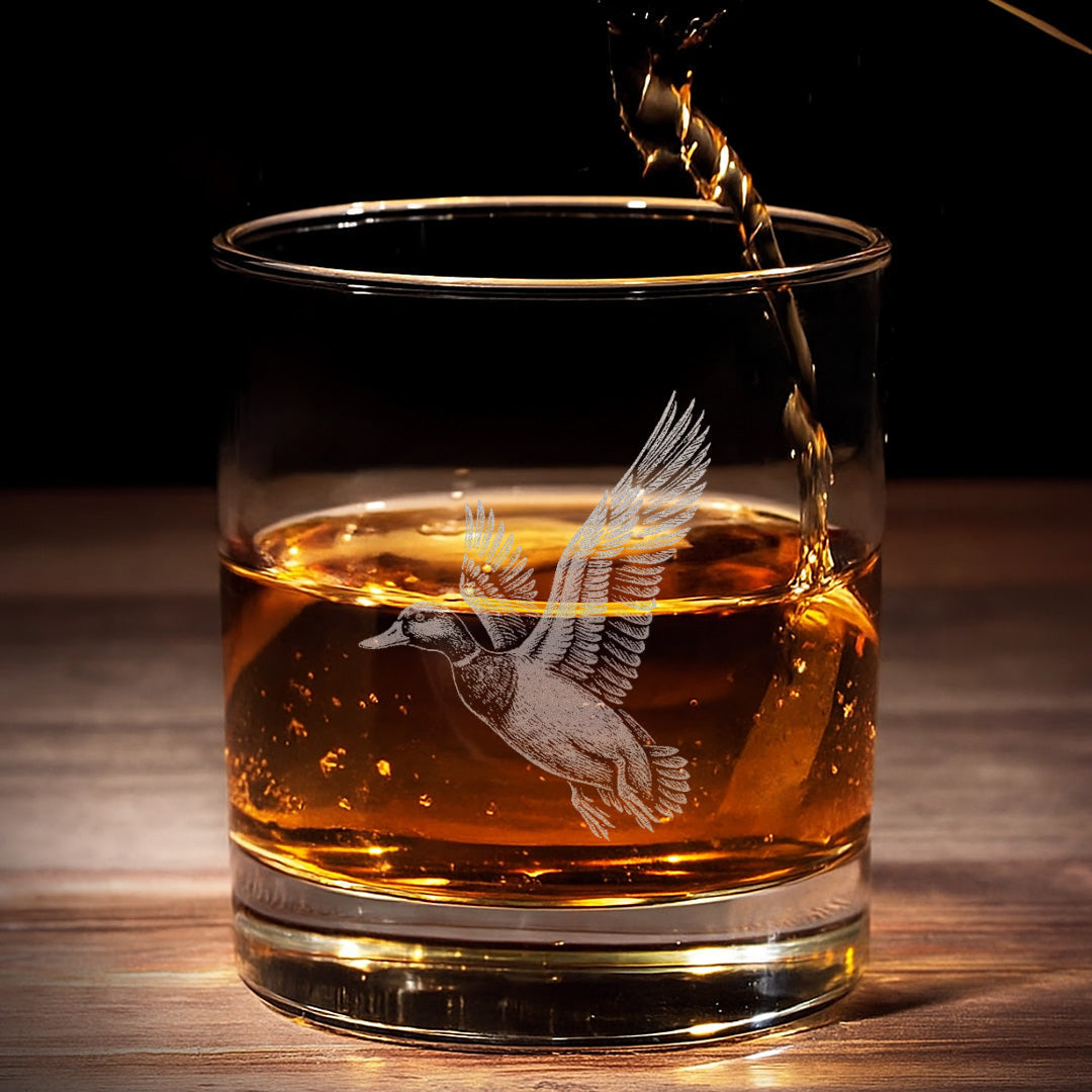 Duck Hunting Whiskey Glass – Custom Engraved Flying Duck Whiskey Glass Gift for Waterfowl Hunters 2025