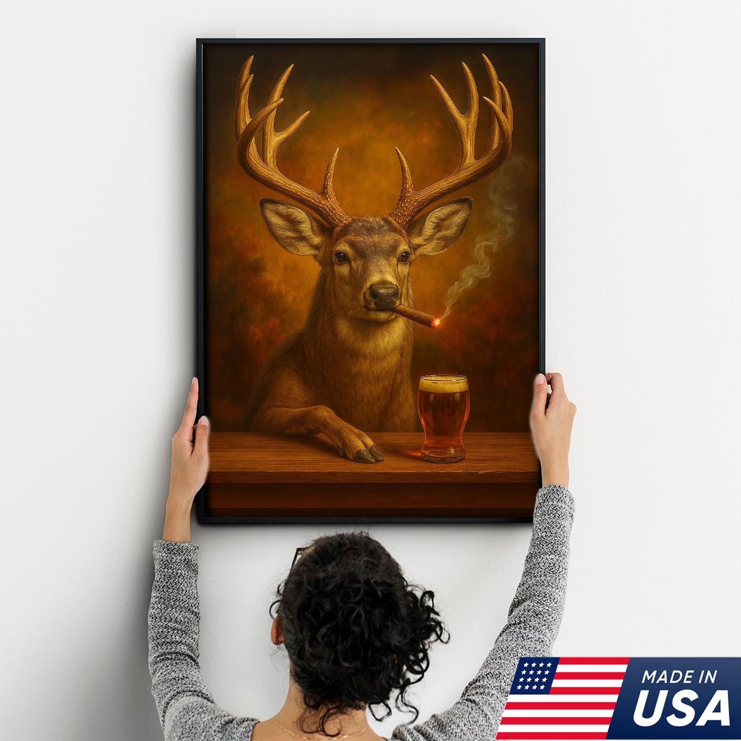 Muke Deer With Smoking & Cocktail Glasses Canvas – Funny Hunting Lodge Wall Art Perfect Gift for Hunters
