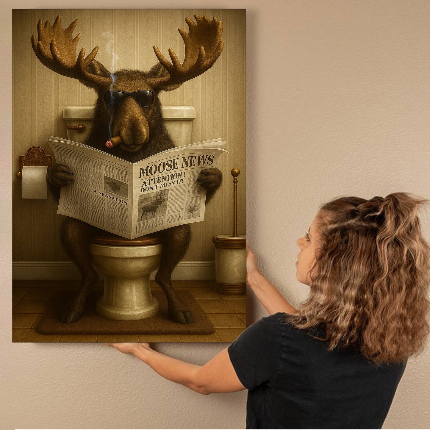 Funny Elk Hunting Lodge Moose Bathroom Canvas Wall Art – Wildlife Animal Poster - Unique Gift for Hunters