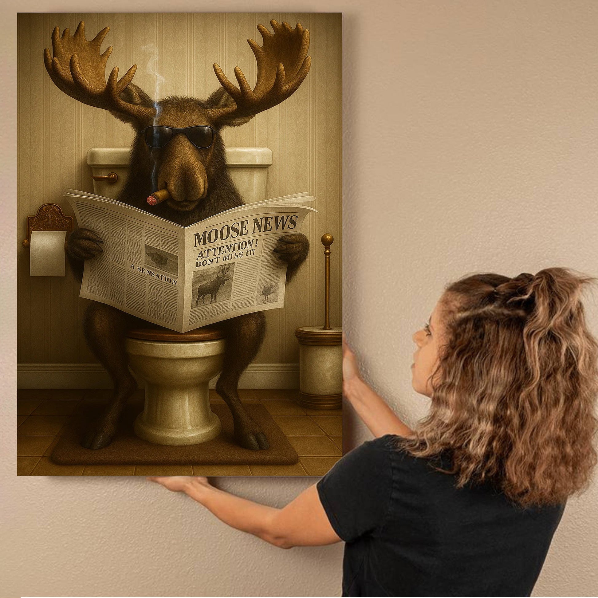 Funny Elk Hunting Lodge Moose Bathroom Canvas Wall Art – Wildlife Animal Poster - Unique Gift for Hunters