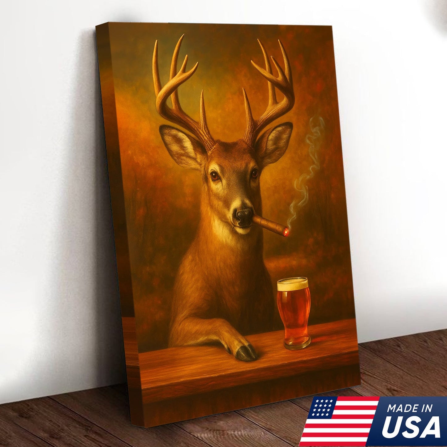 Funny White-Tailed Deer Smoking and Drinking Cocktail Glasses Canvas - Humorous Man Cave Wall Art For Hunters