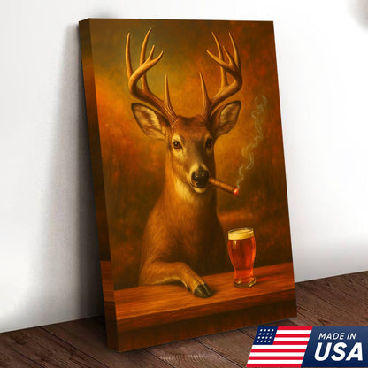 Funny White-Tailed Deer Smoking and Drinking Cocktail Glasses Canvas - Humorous Man Cave Wall Art For Hunters