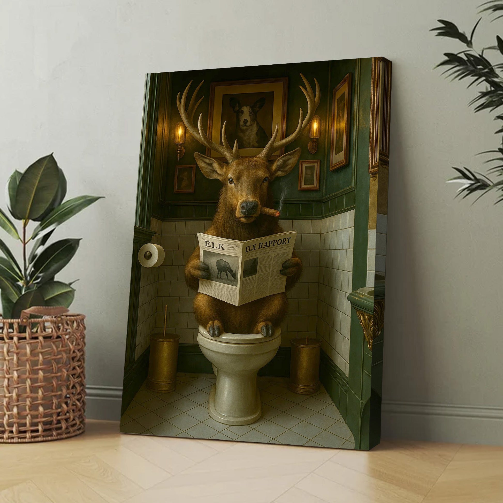 Funny Elk Bathroom Canvas – Smoking-Smoking Deer Reading Newspaper on Toilet