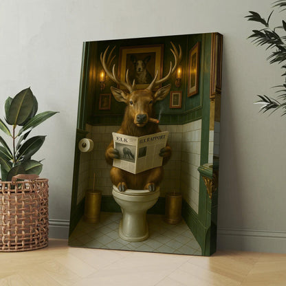 Funny Elk Bathroom Canvas – Smoking-Smoking Deer Reading Newspaper on Toilet