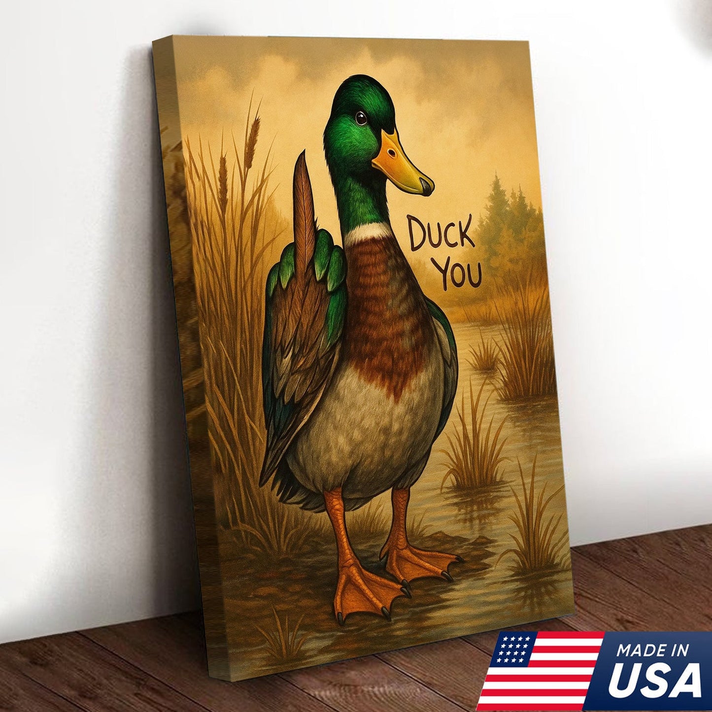 Funny Mallard Duck Canvas Wall Art – Cheeky Bathroom Decor, Rustic Lake House