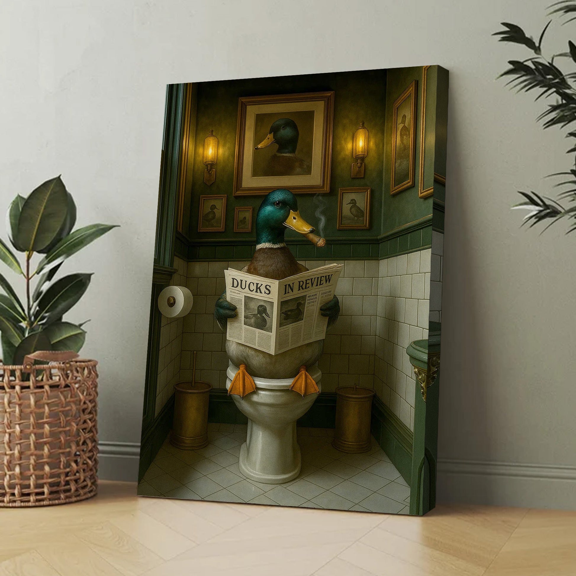 Mallard Duck Toilet Scene Poster Canvas – Smoking-Smoking Duck Reading ‘Ducks in Review’