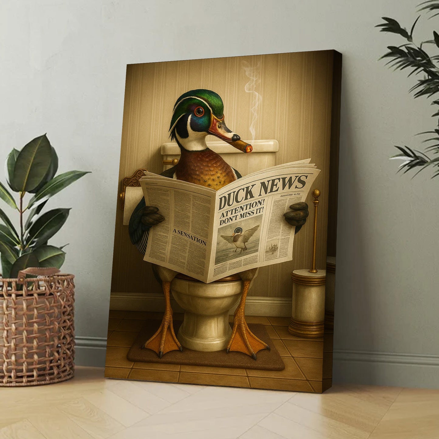 Funny Wood Duck Read Newspaper Bathroom Canvas – Hunting Wildlife Animal Canvas
