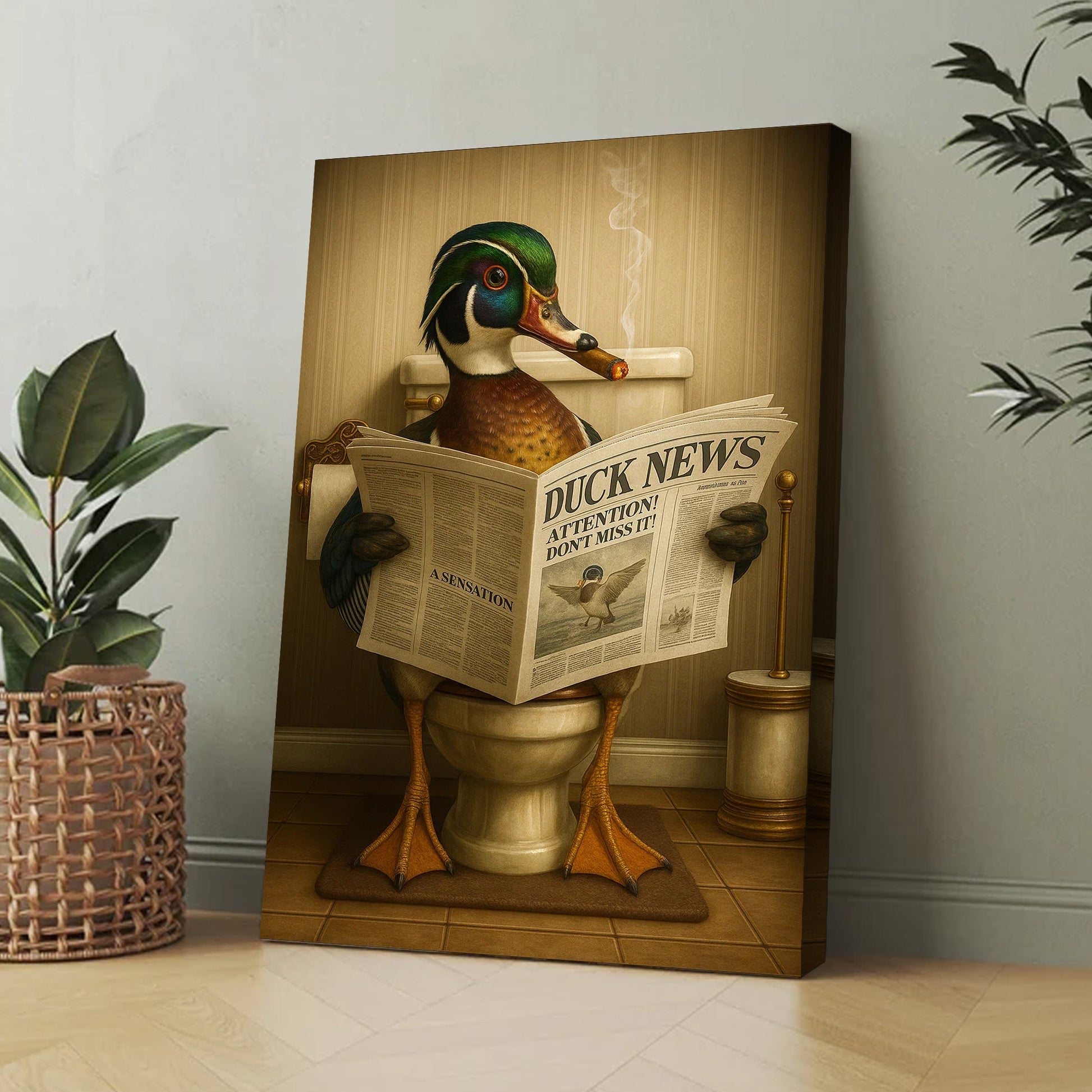 Funny Wood Duck Read Newspaper Bathroom Canvas – Hunting Wildlife Animal Canvas