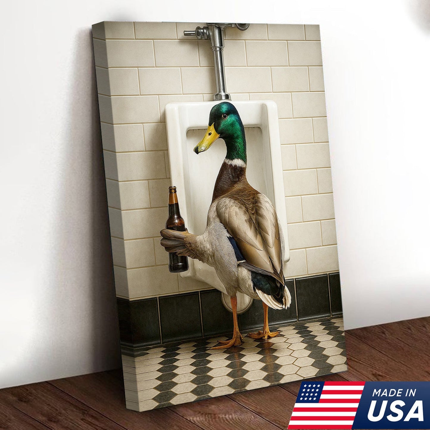 Funny Mallard Duck Holding Beer Bathroom Canvas – Duck at Urinal Wall Art, Rustic Cabin