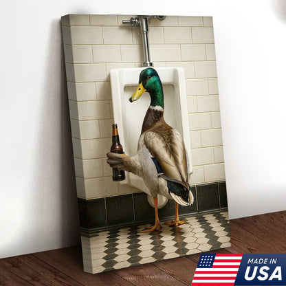 Funny Mallard Duck Holding Beer Bathroom Canvas – Duck at Urinal Wall Art, Rustic Cabin
