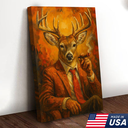 Deer Smoking Canvas, Buck Wall Art Print in Suit for Man Cave, Rustic Hunting Cabin