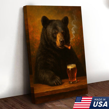 Funny Bear Drinking Cocktail Glasses & Smoking Canvas Wall Art - Rustic Bar