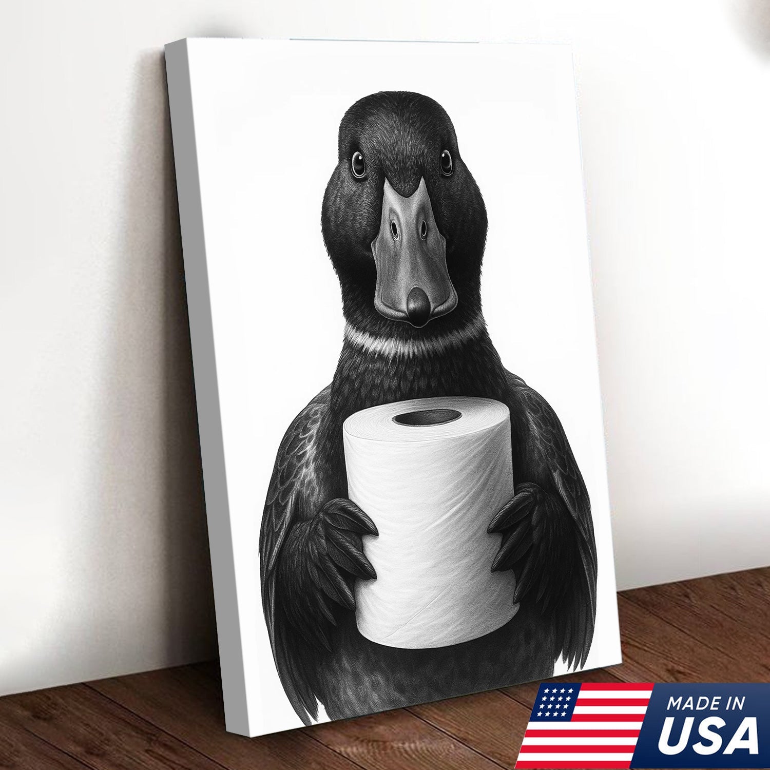 Mallard Duck Canvas Wall Art, Funny Animal Portrait Holding Toilet Paper, Bathroom Decor Print