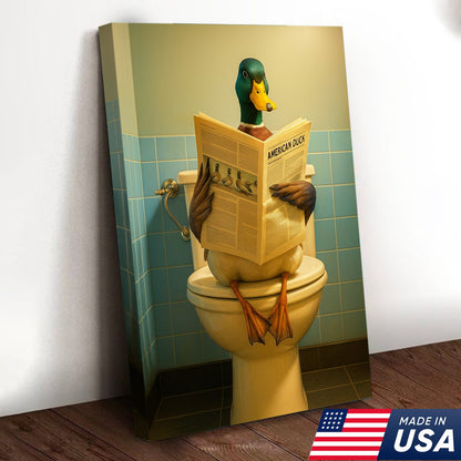 Funny Duck Bathroom Wall Art Canvas – Mallard Reading Newspaper Canvas Decor