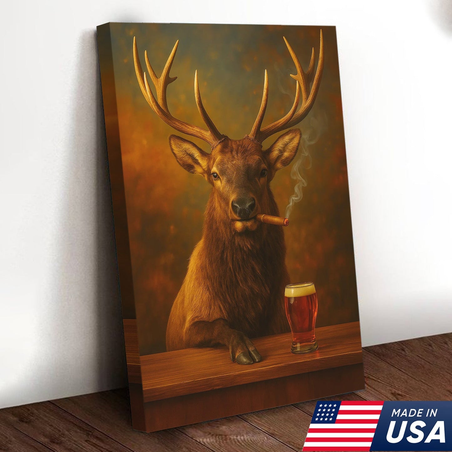 Funny Elk Drinking Cocktail Glasses & Smoking Canvas Wall Art - Rustic Hunting Perfect Gift for Hunters