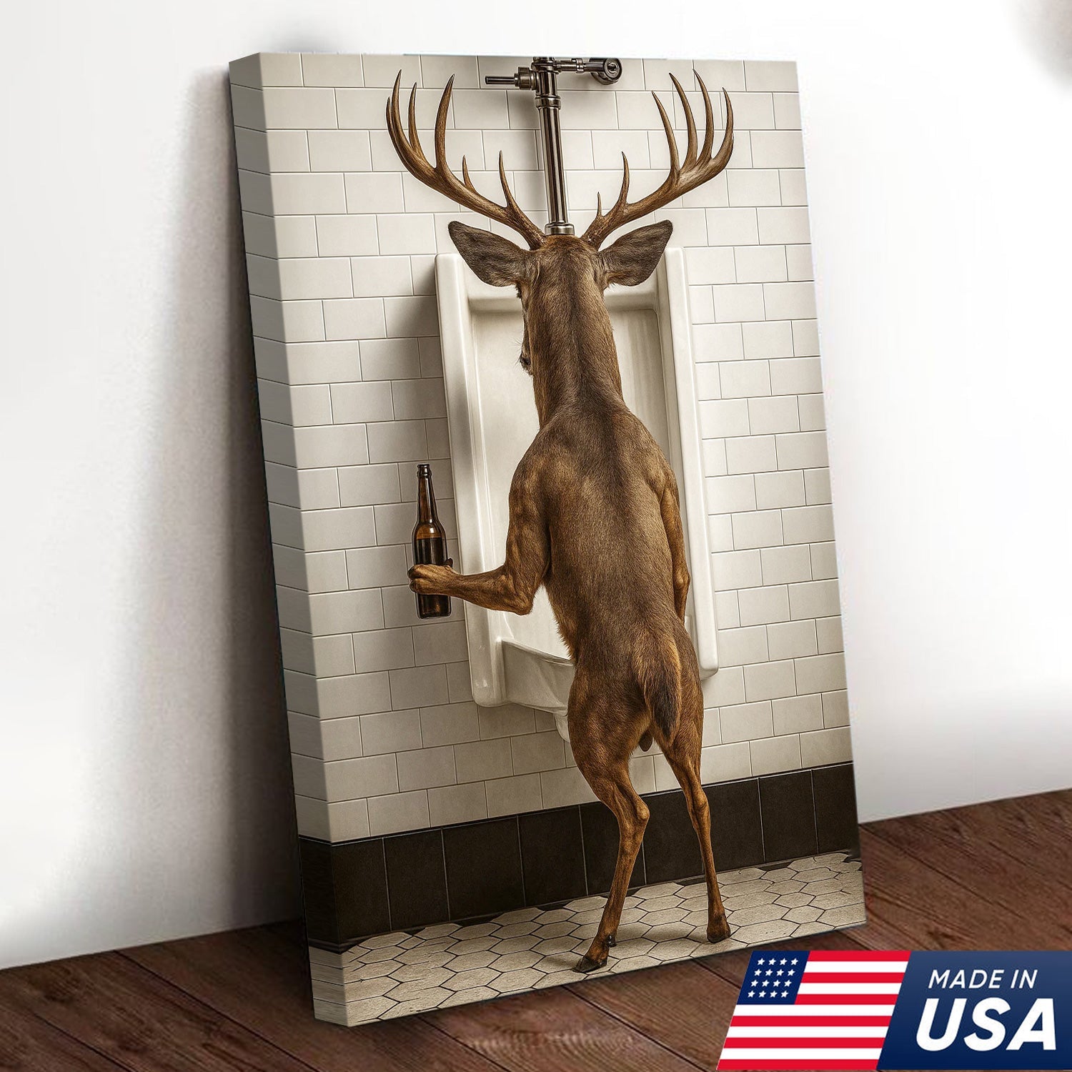 Deer Holding Beer and Standing at the Urinal Canvas – Hilarious Bathroom Wall Art