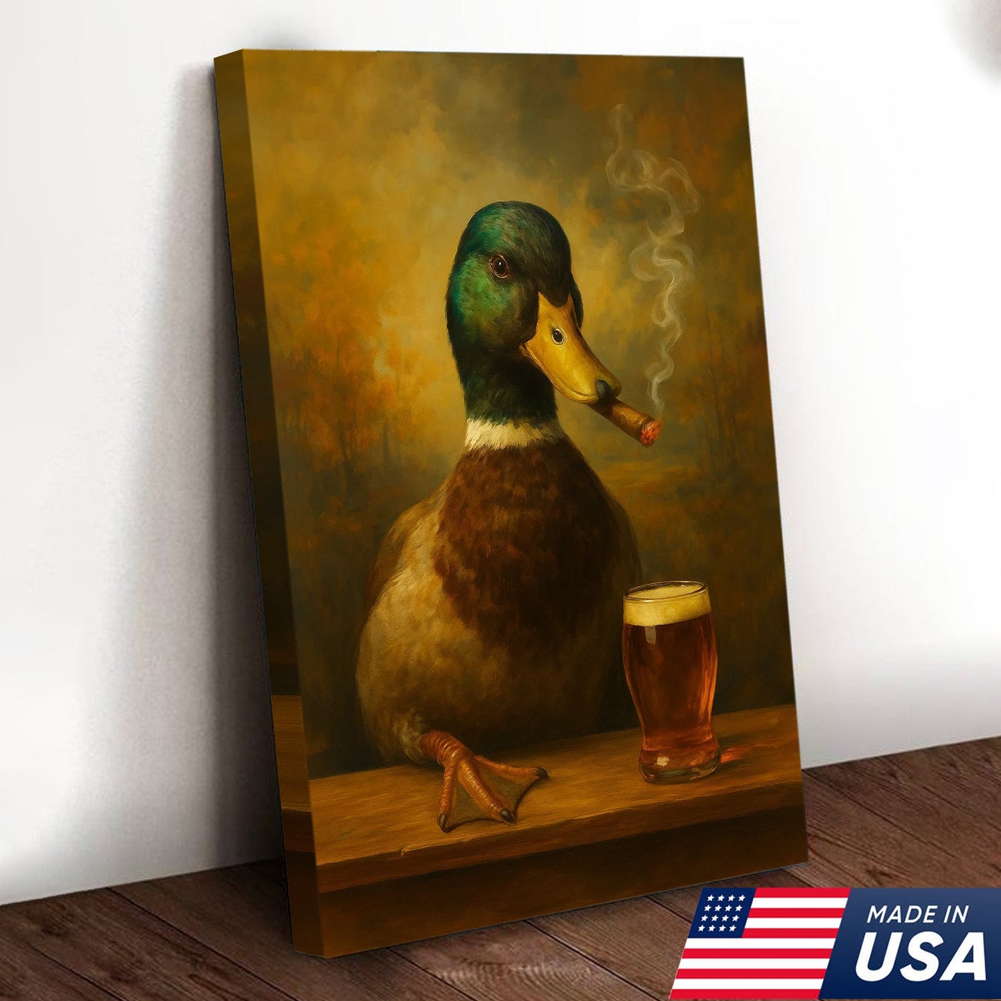 Funny Mallard Duck Smoking & Drinking Cocktail Glasses Canvas Wall Art - Rustic Hunting Perfect Gift for Hunters