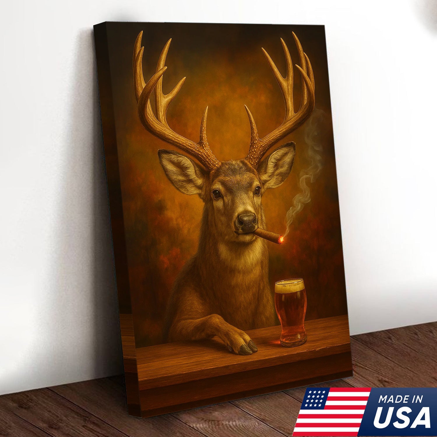 Muke Deer With Smoking & Cocktail Glasses Canvas – Funny Hunting Lodge Wall Art Perfect Gift for Hunters