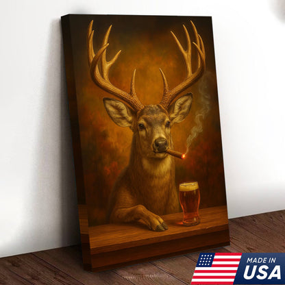Muke Deer With Smoking & Cocktail Glasses Canvas – Funny Hunting Lodge Wall Art Perfect Gift for Hunters
