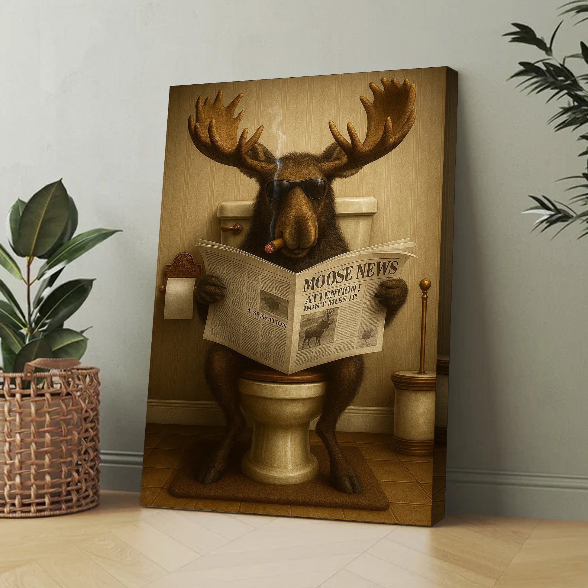 Funny Elk Hunting Lodge Moose Bathroom Canvas Wall Art – Wildlife Animal Poster - Unique Gift for Hunters