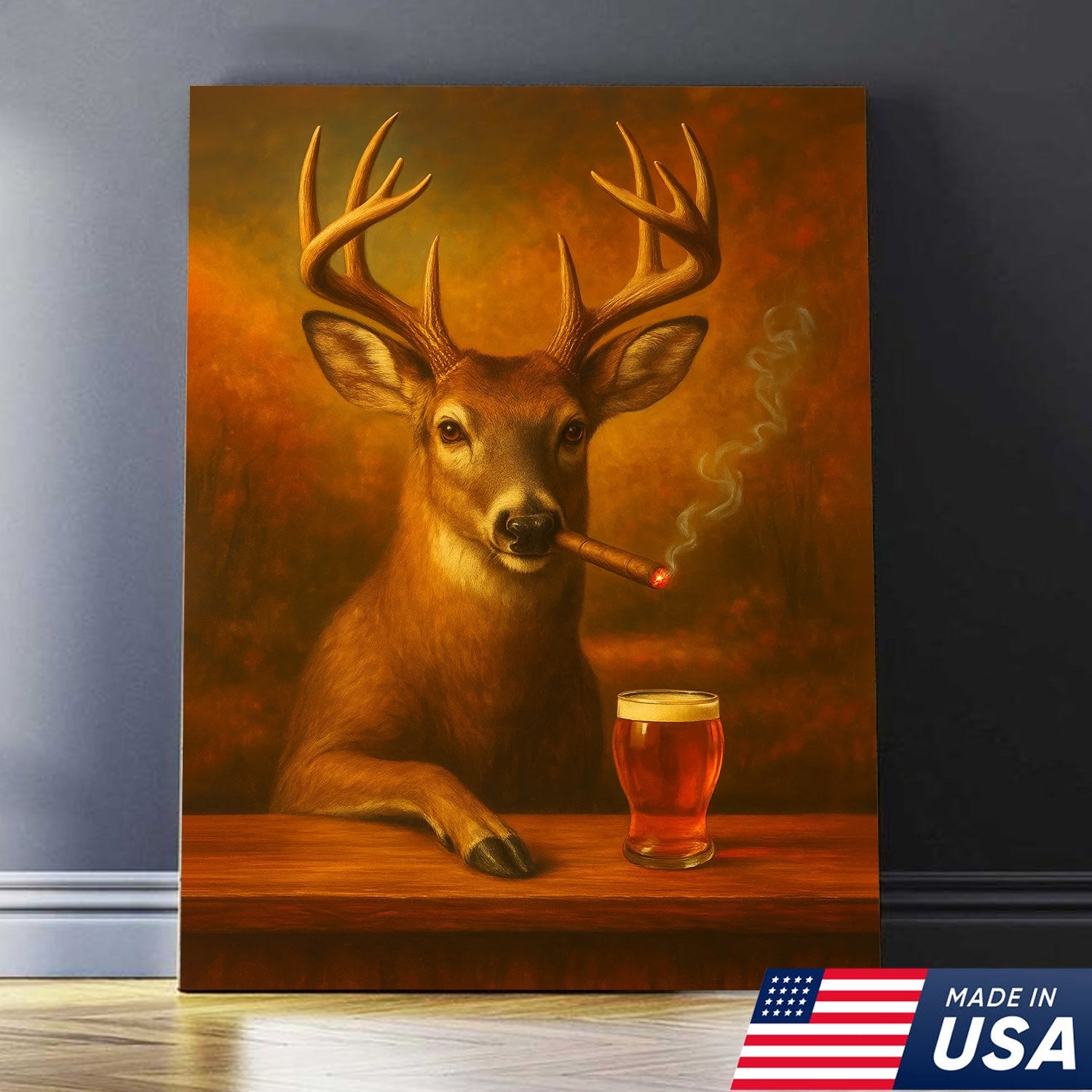 Funny White-Tailed Deer Smoking and Drinking Cocktail Glasses Canvas - Humorous Man Cave Wall Art For Hunters