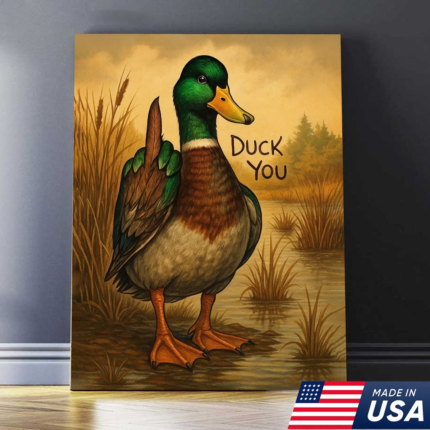 Funny Mallard Duck Canvas Wall Art – Cheeky Bathroom Decor, Rustic Lake House