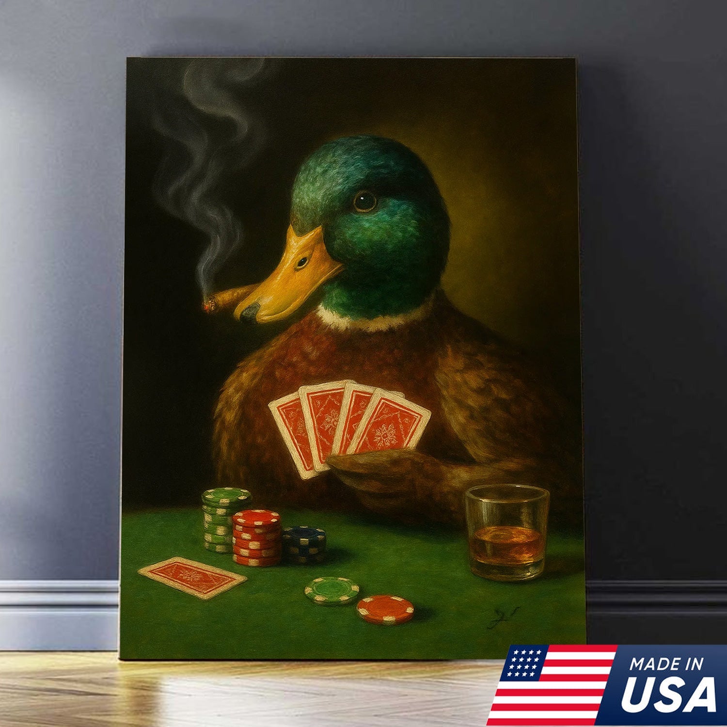 Funny Mallard Duck Canvas Wall Art, Rustic Poker Animal Portrait Playing Cards, Vintage Print