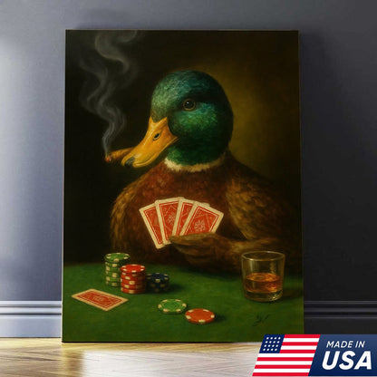 Funny Mallard Duck Canvas Wall Art, Rustic Poker Animal Portrait Playing Cards, Vintage Print
