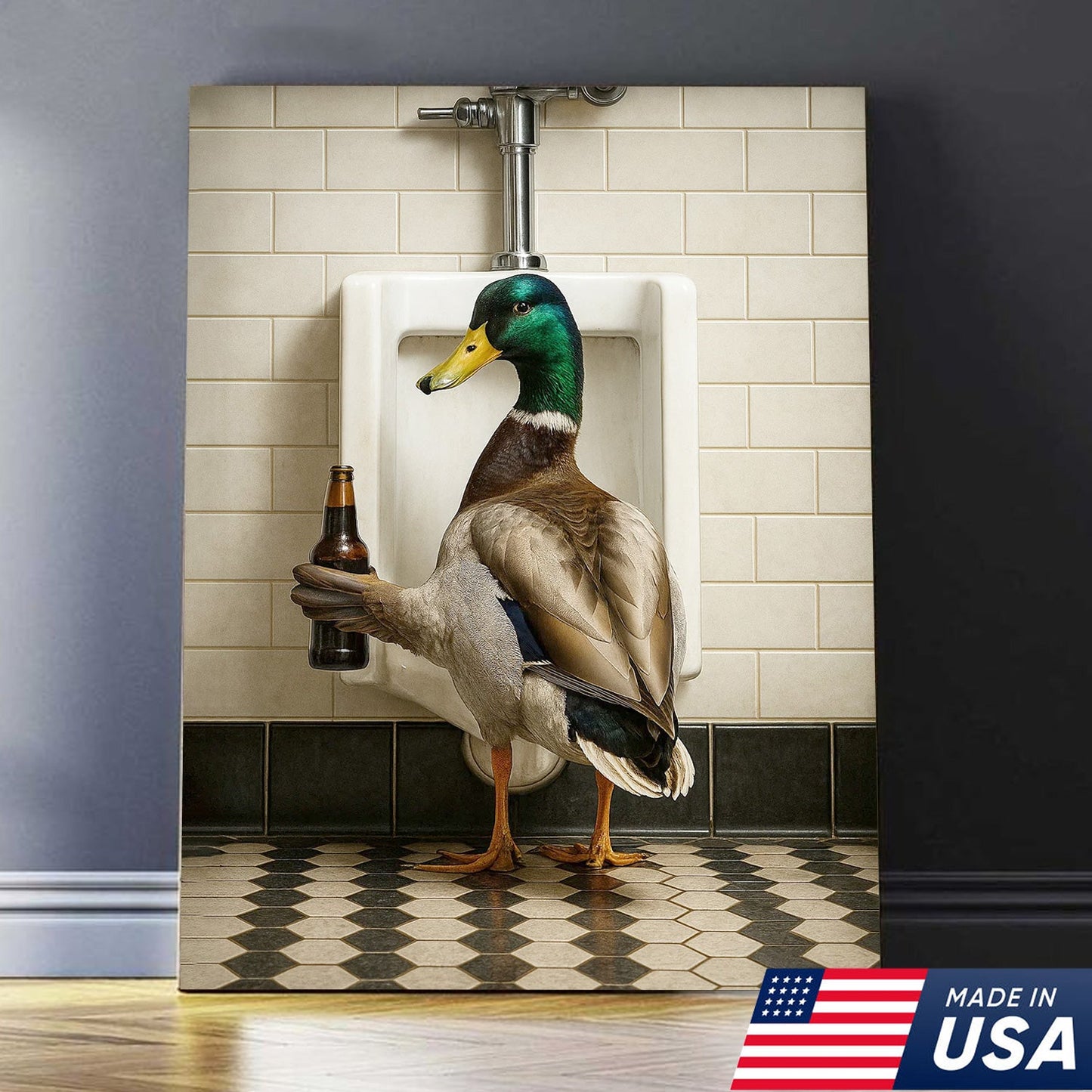 Funny Mallard Duck Holding Beer Bathroom Canvas – Duck at Urinal Wall Art, Rustic Cabin