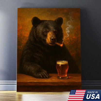 Funny Bear Drinking Cocktail Glasses & Smoking Canvas Wall Art - Rustic Bar
