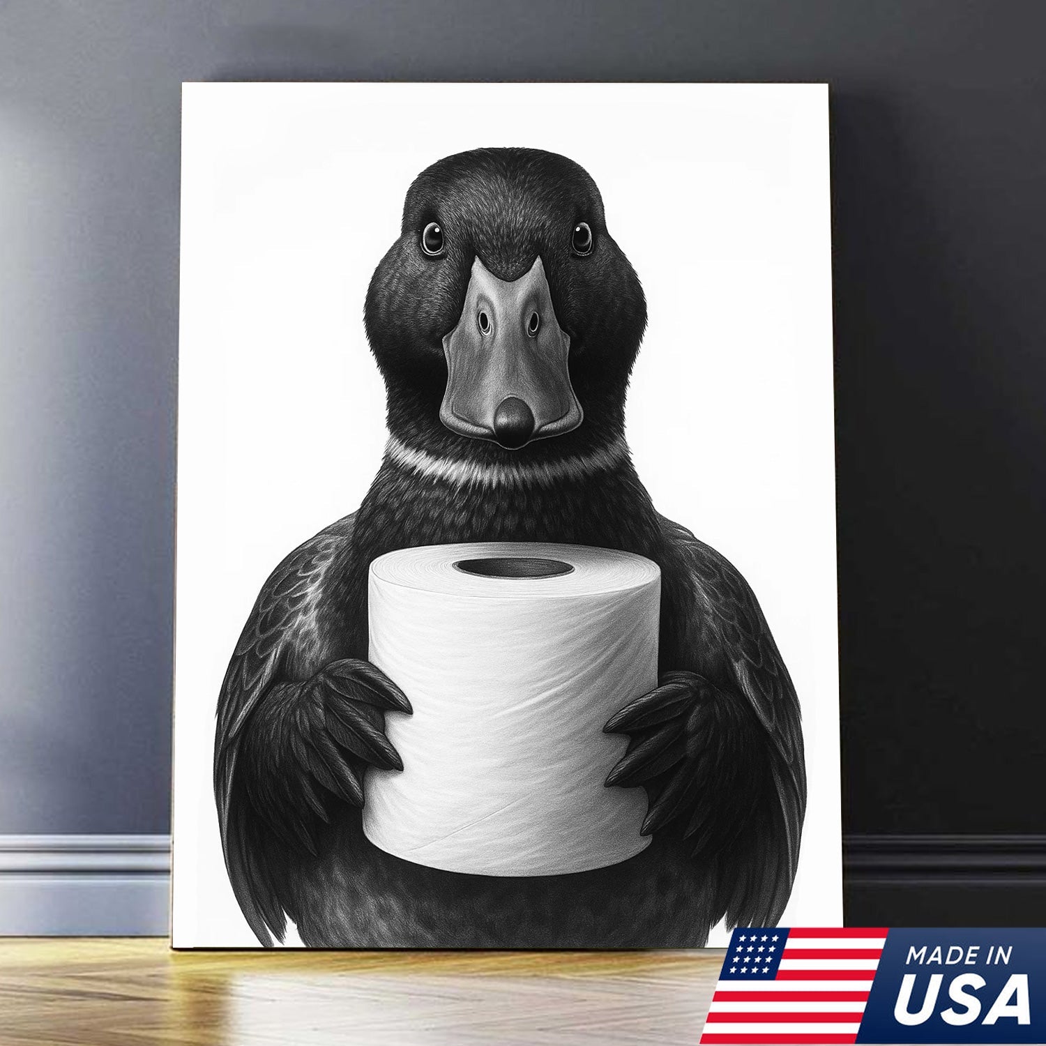 Mallard Duck Canvas Wall Art, Funny Animal Portrait Holding Toilet Paper, Bathroom Decor Print