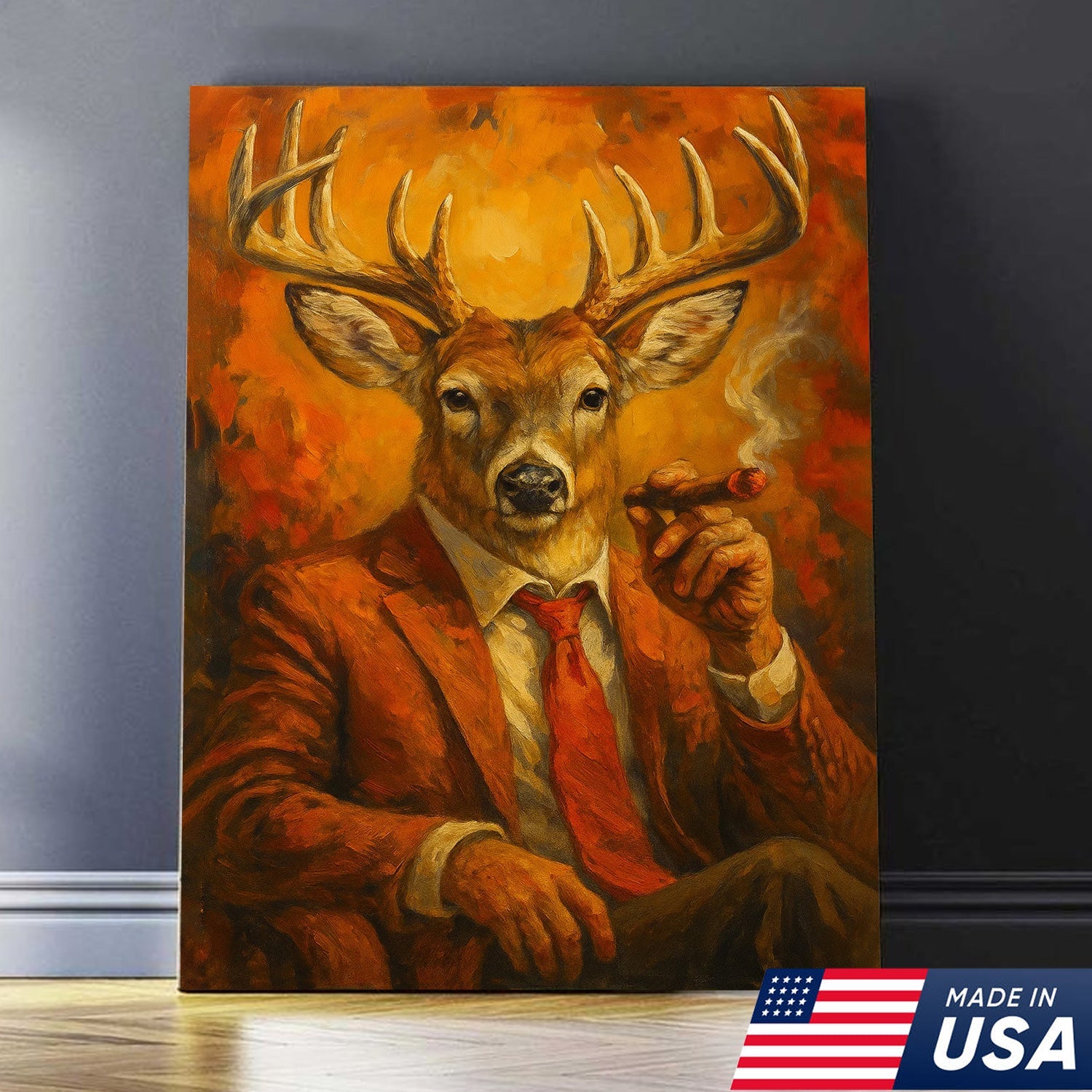 Deer Smoking Canvas, Buck Wall Art Print in Suit for Man Cave, Rustic Hunting Cabin